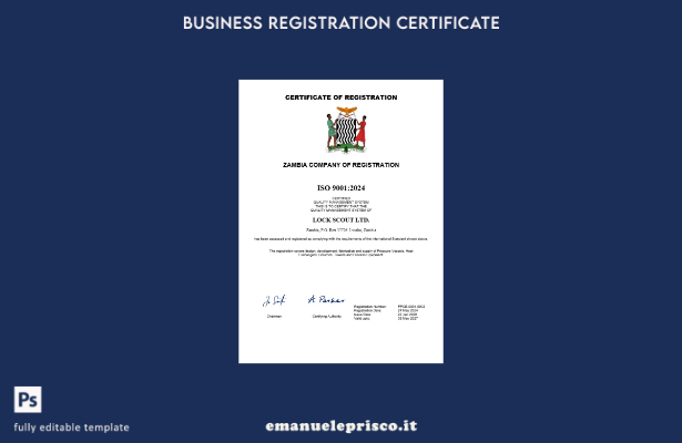 certificato di registrazione aziendale in stile verificato in Zambia Modello Wor